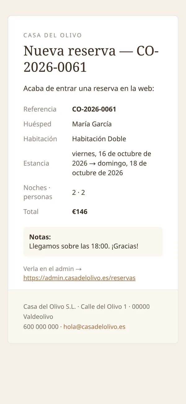 Email de aviso al propietario: nueva reserva, con la referencia, el huésped, la habitación, las fechas, las noches y personas, el total y las notas del huésped.