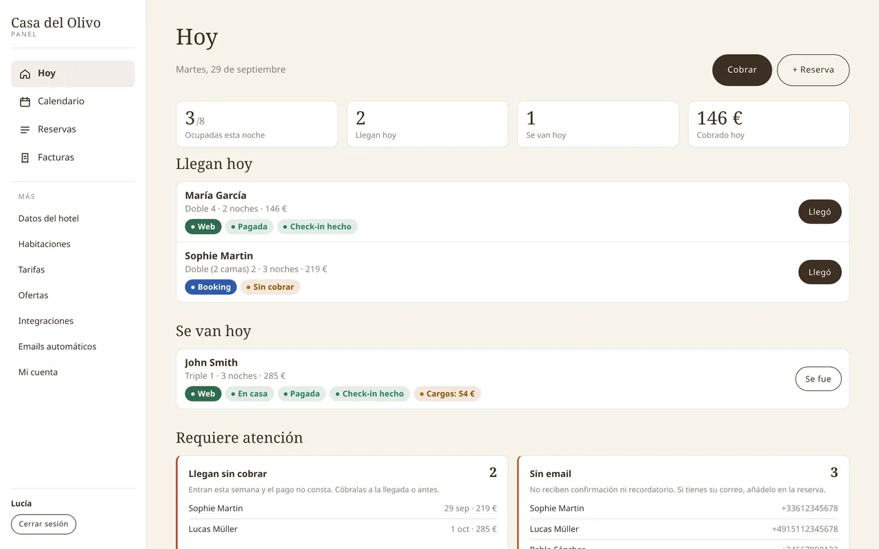 El mismo panel en un ordenador: la pantalla Hoy con el menú lateral, las cifras del día, las llegadas y salidas y los avisos de lo que requiere atención.