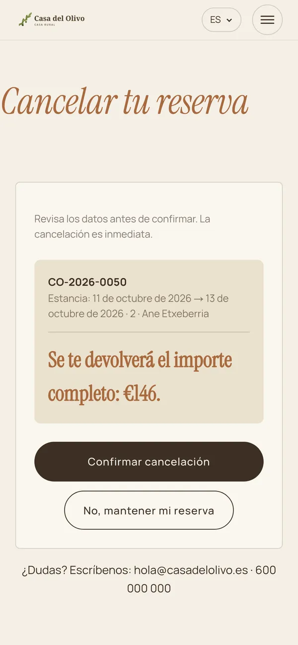 Página para cancelar la reserva desde el enlace del email: la reserva, sus fechas y el aviso «Se te devolverá el importe completo: 146 €», con el botón Confirmar cancelación.
